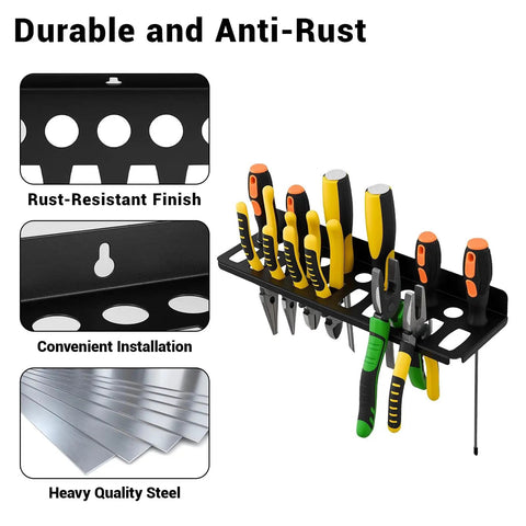 Wall Mount Metal Tool Organizer Rack for garage workshop home shed holds screwdrivers pliers wrenches hammers, black steel
