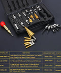 26 Piece DIY Woodworking Tools Set With Countersink Bits Plug Cutters Step Bits One Quarter Inch Hex Shank Five Flute Countersinks L Wrench And Automatic Center Punch For Pro Grade Precision In Woodworking Projects displayed with size chart