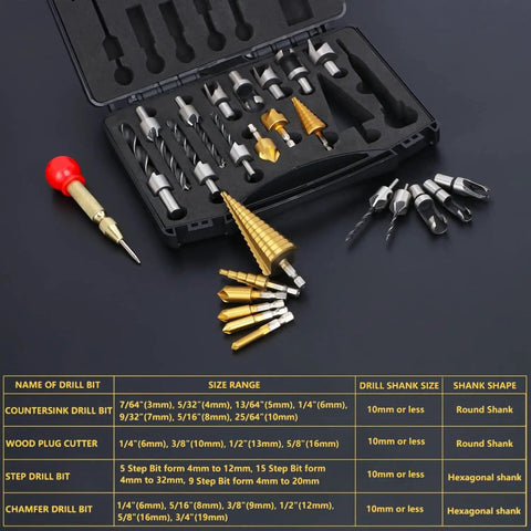 26 Piece DIY Woodworking Tools Set With Countersink Bits Plug Cutters Step Bits One Quarter Inch Hex Shank Five Flute Countersinks L Wrench And Automatic Center Punch For Pro Grade Precision In Woodworking Projects displayed with size chart