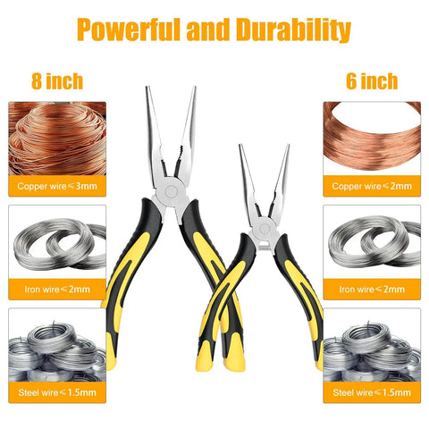 Long Nose Pliers Set 6 Inch And 8 Inch With Wire Cutter Premium Needle Nose Pliers High Carbon Steel Body Soft Grip Handles