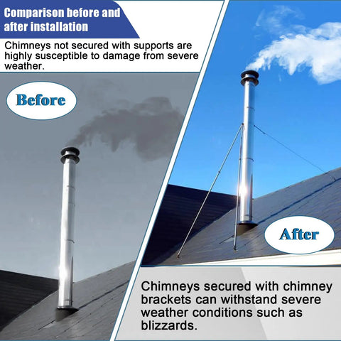 Comparison of chimney before and after 6 Inch Extended Roof Chimney Bracket Support Kit installed on rooftop in snowy weather