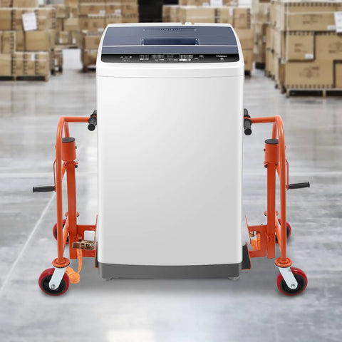 Heavy Duty Manual Furniture Mover Dolly With Swivel Casters, 1300 Pound Capacity Steel Handle Tool To Haul Heavy Loads Like A Pro Without Ripping Your Back Out, Orange supporting a washing machine.