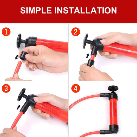 Universal Manual Car Fluid Transfer Pump With Extended Suction Hose Kit Fuel Extractor assembly steps showing simple installation guide.