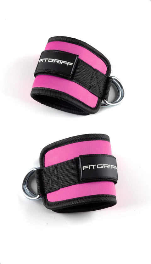 Heavy Duty Ankle Straps For Cable Machine Dual Pack Gym Workout Gear Designed For Serious Leg Development And Knockout Glute Activations Clutch Pulley Harness In Pink, featuring padded nylon and metal D-rings.