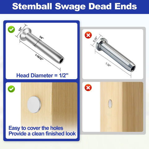 Diagram showing Stainless Steel Stemball Swage Dead Ends 1/8 Inch for Deck Cable Railing 20 Pack measurements