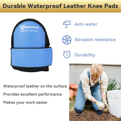Waterproof Leatherette Knee Pads For Men with blue extra wide straps and durable design shown in garden setting.