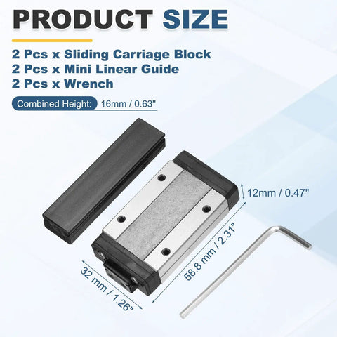 Two Pack MGN15H Linear Bearing Sliding Carriage Block With Mini Guide And Wrench For 15mm Linear Motion Slide Rail Guide Ideal For 3D Printers And CNC Machines, 58.8x32x12mm