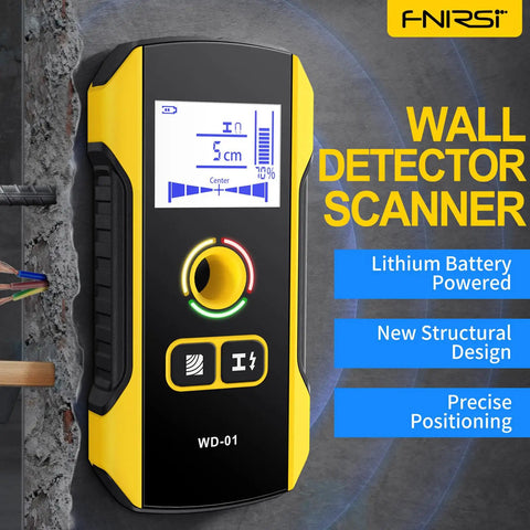 Electronic Studs Finder Handheld Wall Scanner for Wood Metal Studs Detection Detector Color Display on a wall.