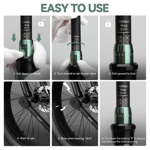 Six-step guide using Nine Piece Pro Grade Click Torque Wrench Set With Quarter Three Eighths And Half Inch Drives for bike repair