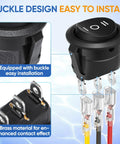 Three Way Round Rocker Switch 12 Volt With On Off On Positions SPDT Circle Toggle For Car Stereo Marine Boat Plug And Play Wiring Kit Wires Included Five Pack Heavy Duty 6A 250V AC And 10A 125V DC black buckle-mounted switch with brass terminals and wiring