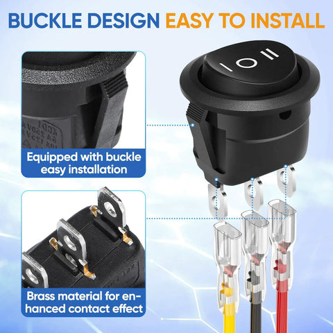 Three Way Round Rocker Switch 12 Volt With On Off On Positions SPDT Circle Toggle For Car Stereo Marine Boat Plug And Play Wiring Kit Wires Included Five Pack Heavy Duty 6A 250V AC And 10A 125V DC black buckle-mounted switch with brass terminals and wiring