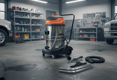 Professional Industrial Wet Dry Shop Vac With Dual 2000 Watt Motors And Massive 21 Gallon Tank in a workshop with tools.
