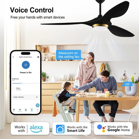 52 Inch Black Modern Ceiling Fan With Lights And Remote, Smart WiFi Enabled, shown in a family kitchen with voice control features