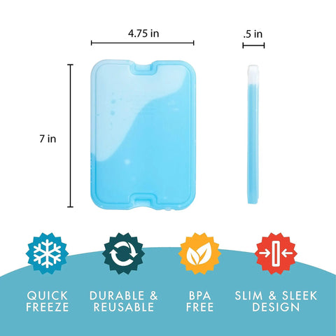 Slim Reusable Gel Ice Packs Set Of 8 Bpa Free Space Saving Cooler Block measuring 4.75 x 7 inches, slim and flexible design.