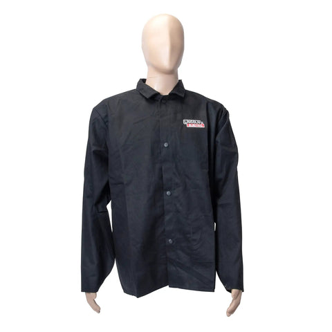 Black X Large Flame Resistant Welding Jacket With Cotton Nine Ounce Fabric on mannequin, buttoned front, KH808XL