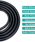 Coiled black silicone tubing, 1/2 in ID x 5/8 in OD, 5 ft, food-grade, BPA-free.