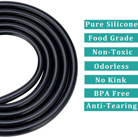 Coiled black silicone tubing, 1/2 in ID x 5/8 in OD, 5 ft, food-grade, BPA-free.