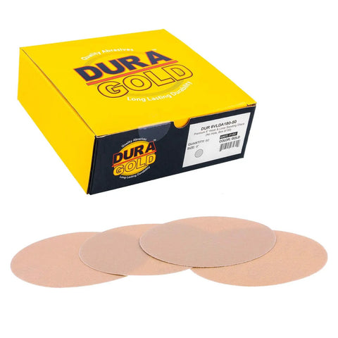 Premium 180 Grit 6 Inch Gold Sandpaper Discs With No Hole Pattern Dustless Box Of 50 Hook And Loop Backing For DA Sander Finishing Coarse Sanding Automotive Paint Wood Metal