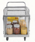 Heavy Duty Platform Truck With Secure Wire Cage Haul Cart And Smooth Roll Swivel Wheels For Rough Job Sites Up To Two Thousand Pound Limit Industrial Grade Folding Frame Built Different Rigged with jars and baskets.