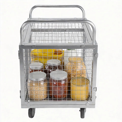 Heavy Duty Platform Truck With Secure Wire Cage Haul Cart And Smooth Roll Swivel Wheels For Rough Job Sites Up To Two Thousand Pound Limit Industrial Grade Folding Frame Built Different Rigged with jars and baskets.