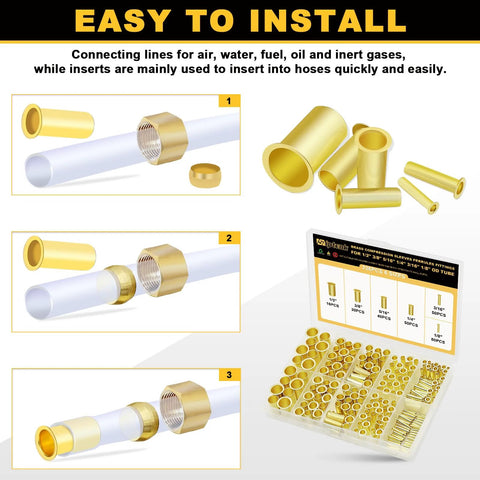 Siptenk brass compression tube insert and ferrule kit; 236 pcs, six sizes for 1/8-1/2 in tubing, storage case