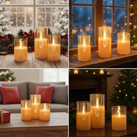 Gold Glass Flameless LED Candles Set Of 3 With 10Key Remote And Timer Real Wax Finish Warm White Flicker in cozy home settings