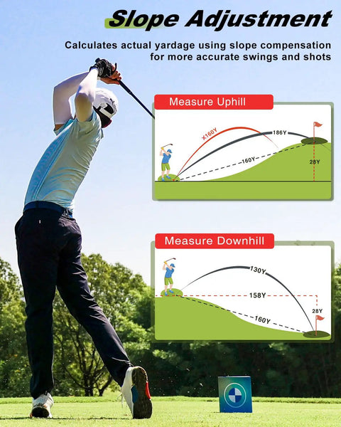 Golfer demonstrating Ultra Precision 1200 Yard Golf Range Finder With 5X Magnification Slope Mode Flag Lock And 1 Yard Accuracy.