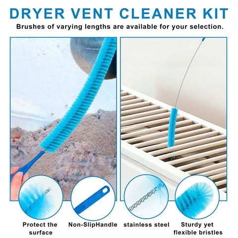 4-Piece Dryer Vent Cleaner Kit with flexible vacuum hose showing non-slip handle and lint brush on dryer surface