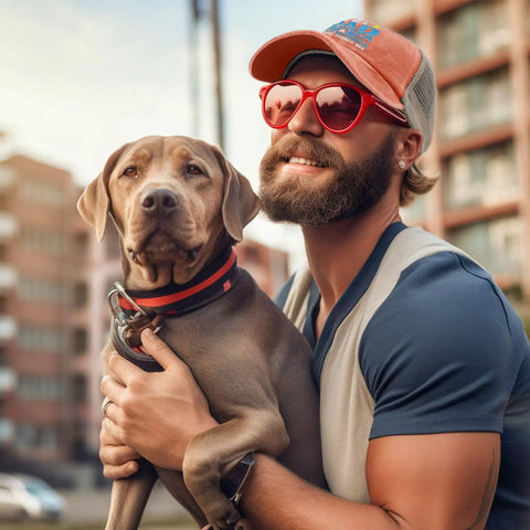 Man wearing Cool Low Profile Trucker Cap For Dad Grandpa And Great Granddad Mens Hat In Saffron With Anti Sweat Band with dog