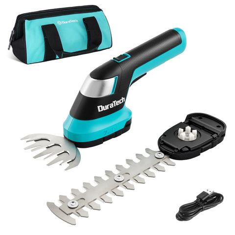 Cordless Hedge Trimmer And Grass Shear Combo For Quick Yard Cleanup With Built In Battery And Includes USB Type C Cable Two In One Tool For Shrub Pruning And Lawn Trimming Easy Quick Switch Between Blades Safe Lightweight And User Friendly featuring trimmer, blades, case, and cable