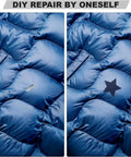 Before and after repair with 8 Pack Nylon Repair Patches Self Adhesive 7.87 By 5.9 Inch Waterproof Fabric Patches for jackets.