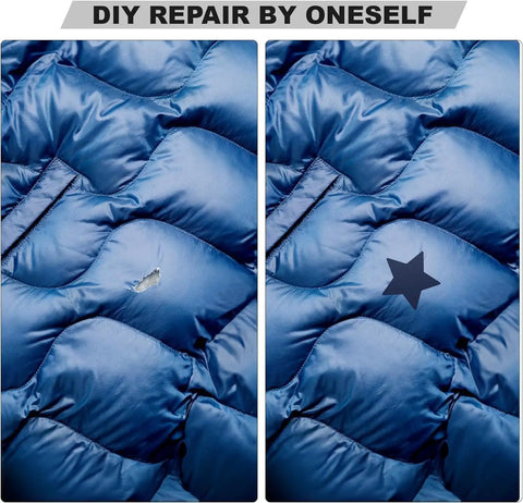Before and after repair with 8 Pack Nylon Repair Patches Self Adhesive 7.87 By 5.9 Inch Waterproof Fabric Patches for jackets.
