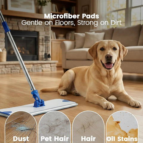 18 Inch Microfiber Flat Mop With Heavy Duty Stainless Steel Handle And Durable Aluminum Base for cleaning pet hair on hardwood.