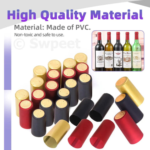 Pretty Legit Fifty Four Piece Wine Bottle Sealing Set Featuring Gold Black And Red Pvc Heat Shrink Capsules With Smooth Plastic Cork Stoppers For Homebrewers A Dead Simple Game Changer For Your Top Liquors - assortment of heat shrink capsules.