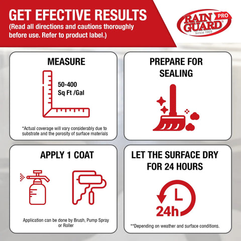 Instruction guide for Heavy Duty Water Repellent Concentrate Makes Ten Gallons Deep Penetrating Sealant for surface preparation and application.