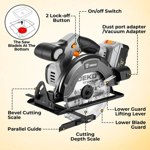 Heavy Duty 20V Cordless Circular Saw Arrives Loaded With Reliable Battery And Plug Pack Pushing A Robust 4500 Rpm No Load Speed, features labeled components and cutting depth scale