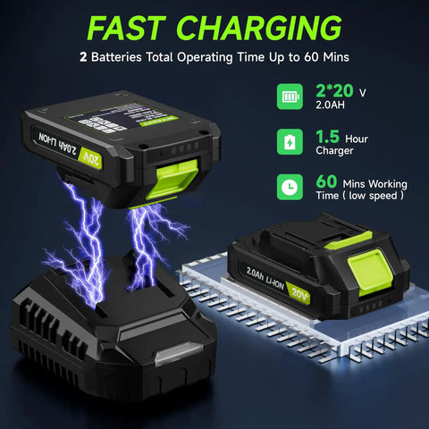 Cordless Leaf Blower With Battery And Charger, 20V Power, dual batteries charging with fast charger, highlighting fast charging feature.