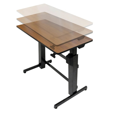 Height Adjustable Standing Desk Supporting Dual Screens And Tablets Heavy Duty Sit Stand Workstation Smooth Manual Crank Adjustment 48 By 24 Inch Rich Walnut Surface showing adjustable height features.