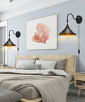 Bedroom with Plug In Wall Sconces Two Pack Black Industrial Gooseneck Lamps With On Off Switch UL Certified E26 Base Ideal For Bedroom Bedside Indoor Use Doorway Hallway No Bulbs Included mounted above wooden nightstands.