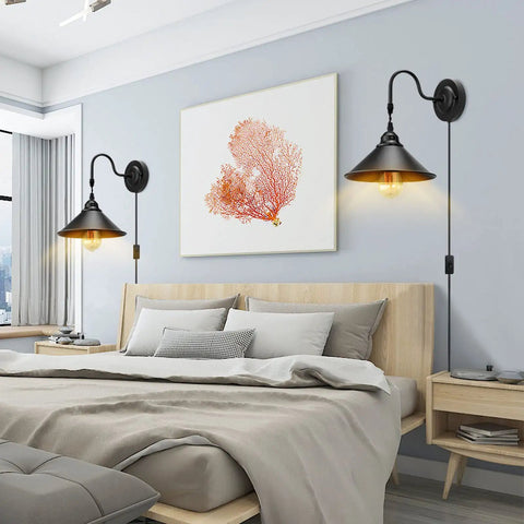 Bedroom with Plug In Wall Sconces Two Pack Black Industrial Gooseneck Lamps With On Off Switch UL Certified E26 Base Ideal For Bedroom Bedside Indoor Use Doorway Hallway No Bulbs Included mounted above wooden nightstands.