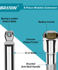 Close-up of Heavy Duty Wobble Extension Set 9pc CrV Chrome Plated with details like spring-loaded detent balls and knurled handle.