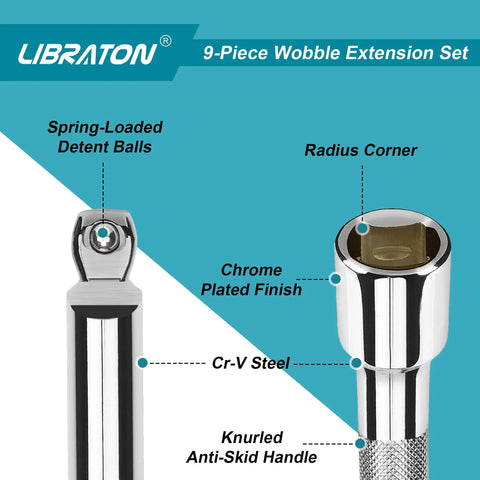 Close-up of Heavy Duty Wobble Extension Set 9pc CrV Chrome Plated with details like spring-loaded detent balls and knurled handle.