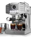Heavy Duty Stainless Steel Espresso Machine Featuring A Clear Visual Pressure Gauge And A Mighty Twenty Bar Pump Pulling Straight Fire Shots With Knockout Quality Crema Daily with dual coffee shots brewing.