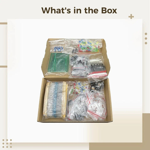 Open box revealing content of Massive 1900 Piece Electronic Component Kit For Beginners With Capacitors Resistors LEDs Transistors Diodes PCBs