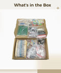 Open box of All In One 1900 Piece Electronics Component Kit with neatly packed resistors, capacitors, LEDs, and PCBs for DIY projects.