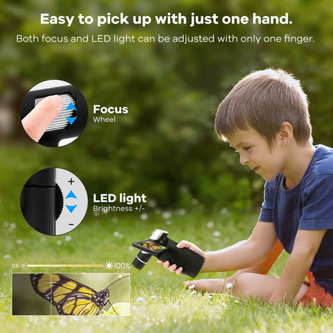 Handheld Digital Microscope With Built In LCD Screen Rechargeable Battery Portable Pocket Microscope For DIY Electronics Jewelry Soldering And Tiny Parts Inspection Anywhere In Your Home Workshop Or Field, child using one hand