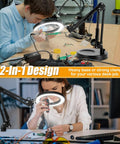Two people using 12X Real Glass Magnifying Glass With Light And Stand, 2-In-1 LED Desk Lamp Magnifier With Clamp for crafting.