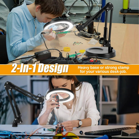 Two people using 12X Real Glass Magnifying Glass With Light And Stand, 2-In-1 LED Desk Lamp Magnifier With Clamp for crafting.