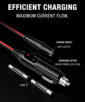 Close-up of Heavy Duty 56W 14V DC Car Charger Adapter For NOCO Genius Boost Jump Starters showing charging features and fuse.