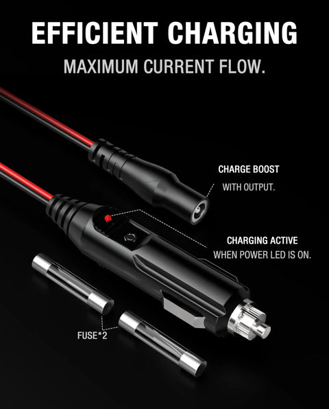 Close-up of Heavy Duty 56W 14V DC Car Charger Adapter For NOCO Genius Boost Jump Starters showing charging features and fuse.